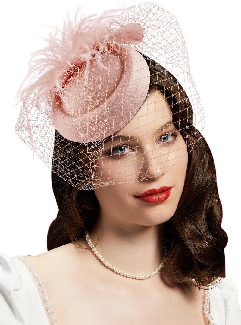 Cizoe Fascinators Hats 20s 50s Hat Pillbox Hat Cocktail Tea Party Headwear with Veil for Girls and Women(B-Blush Pink) - Image 1