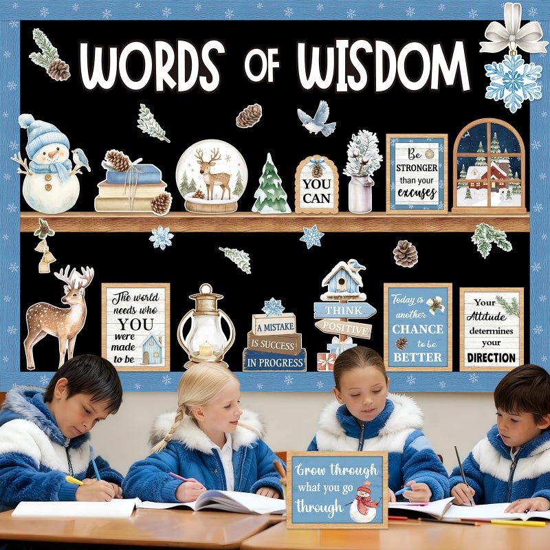 Mooliwe 57 Pcs Christmas Winter Bulletin Board Set Inspirational Classroom Decoration Watercolor Snowflake Snowman Cutout for Holiday School Chalkboard Door Wall Decor - Image 2