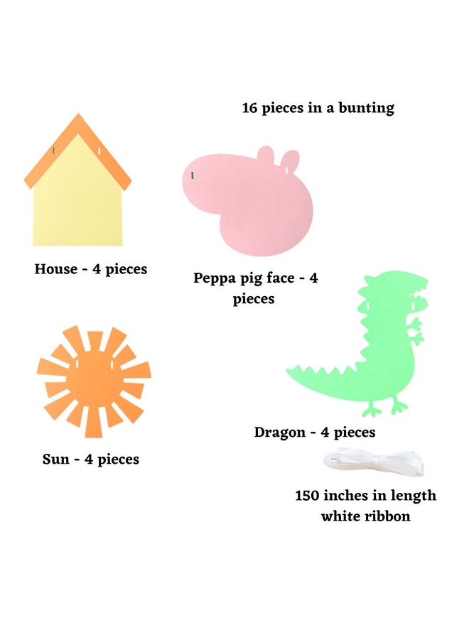 Pinfliers PINFLIERS Peppa Pig Theme Paper Bunting, A Set Of 16 Pieces, For Kid, Green, Pink, Yellow And Orange  - Image 3