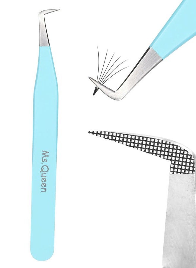 Ms.Queen Volume Tweezers For Eyelash Extensions, Fiber Tip Grip Lash Tweezers L-Shape Boot Mega Volume Mink Lashes Tweezers, Blue - Image 1