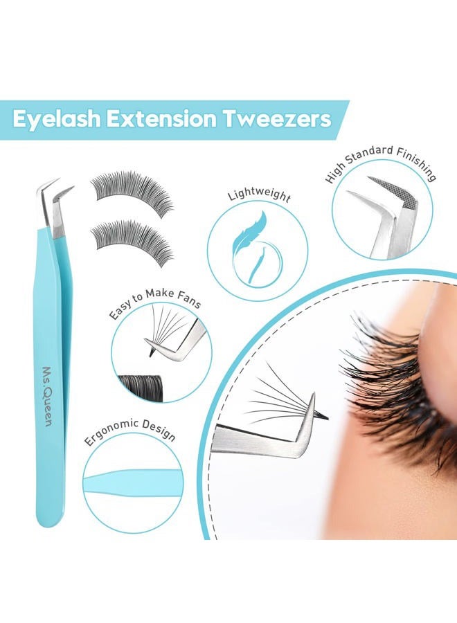 Ms.Queen Volume Tweezers For Eyelash Extensions, Fiber Tip Grip Lash Tweezers L-Shape Boot Mega Volume Mink Lashes Tweezers, Blue - Image 3