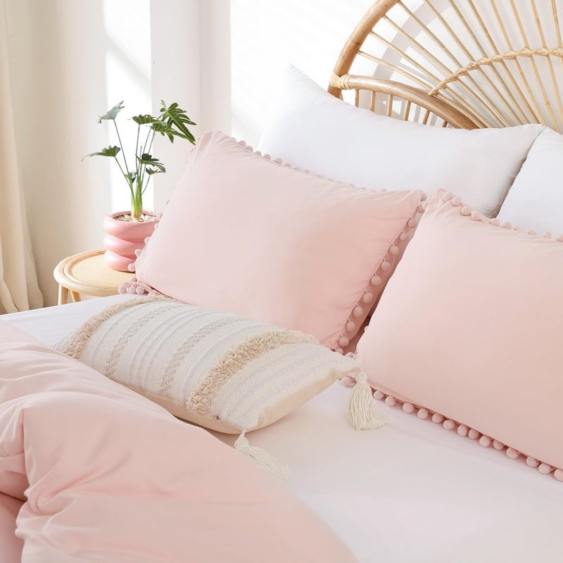YIRDDEO Queen Comforter Set - Comforter Queen Size Sets with Ball Pom Fringe, Soft Bedding Set for All Seasons - 3 Pieces, 1 Comforter (90"x90") & 2 Pillow Shams (20"x26"), Blush - Image 5