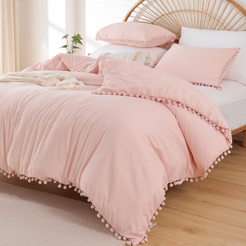 YIRDDEO Queen Comforter Set - Comforter Queen Size Sets with Ball Pom Fringe, Soft Bedding Set for All Seasons - 3 Pieces, 1 Comforter (90"x90") & 2 Pillow Shams (20"x26"), Blush - Image 1