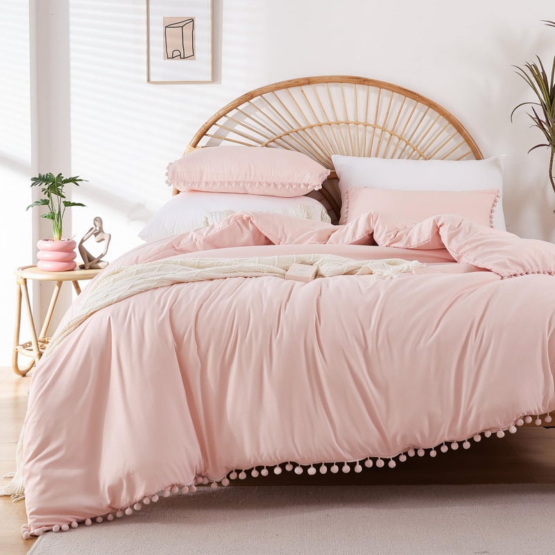 YIRDDEO Queen Comforter Set - Comforter Queen Size Sets with Ball Pom Fringe, Soft Bedding Set for All Seasons - 3 Pieces, 1 Comforter (90"x90") & 2 Pillow Shams (20"x26"), Blush - Image 2