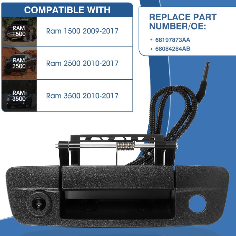 ACAUTO Tailgate Handle Backup Camera Fit for Dodge RAM 1500 2009-2017,Fit for Dodge RAM 2500 3500 2010-2017 Tailgate Reversing Rear View Park Assist Camera RCA Plug Replaces 68084284AB - Image 2