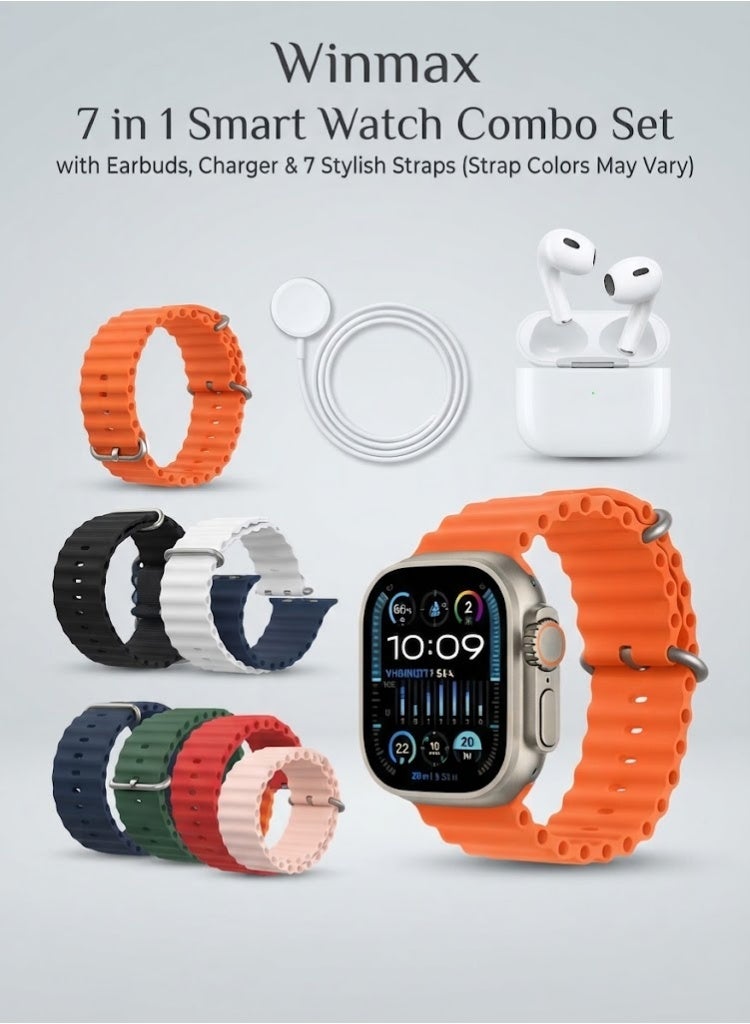Winmax 7-in-1 Smart Watch Combo Set with Earbuds, Charger & 7 Stylish Straps - Image 3