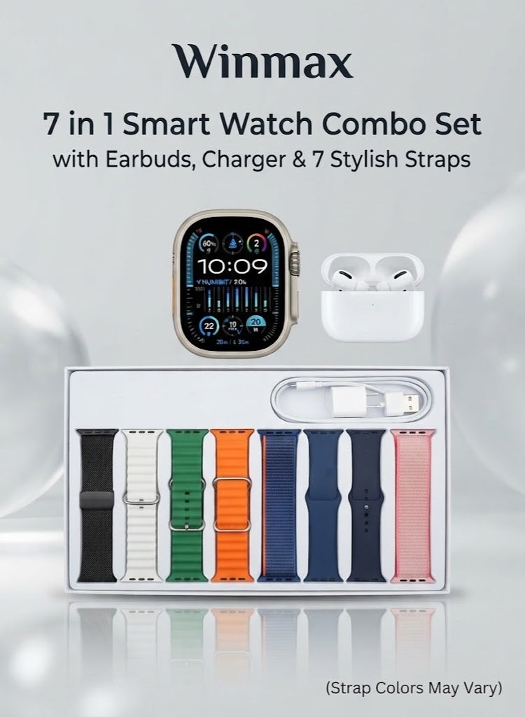 Winmax 7-in-1 Smart Watch Combo Set with Earbuds, Charger & 7 Stylish Straps - Image 1