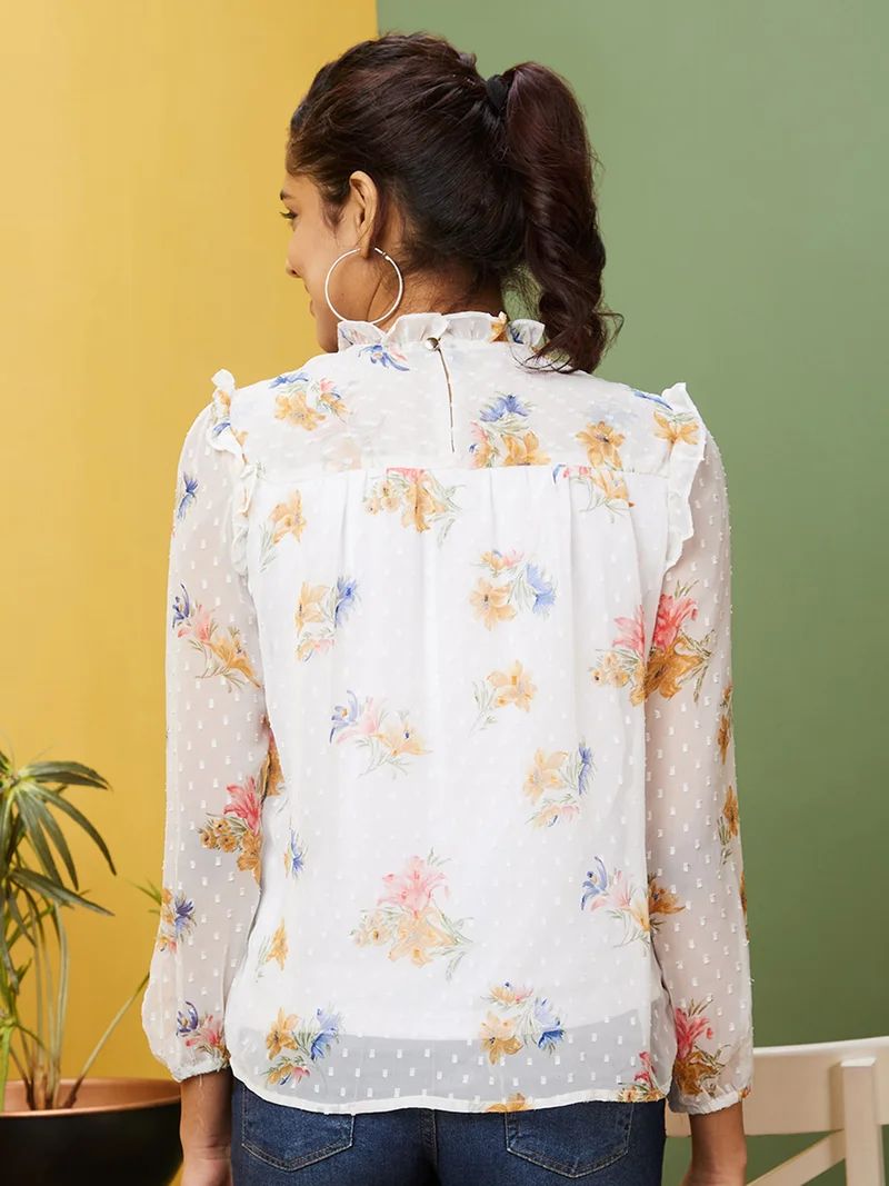 جلو باص Women White Floral Printed High Neck Pleated Georgette Top