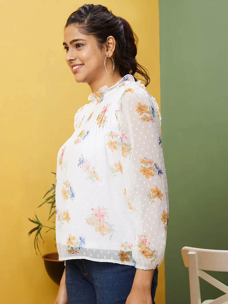 جلو باص Women White Floral Printed High Neck Pleated Georgette Top