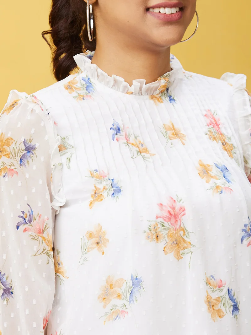 جلو باص Women White Floral Printed High Neck Pleated Georgette Top