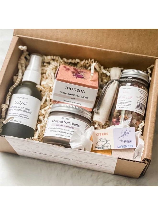 Monsuri Self Care Gift Basket for Mom: New Mommy Care Package Pampering Gift Set with Bath Accessories and Natural Skincare Products. Our Spa Day Kit for Women is the ideal Birthday Gift Basket for her. - Image 1