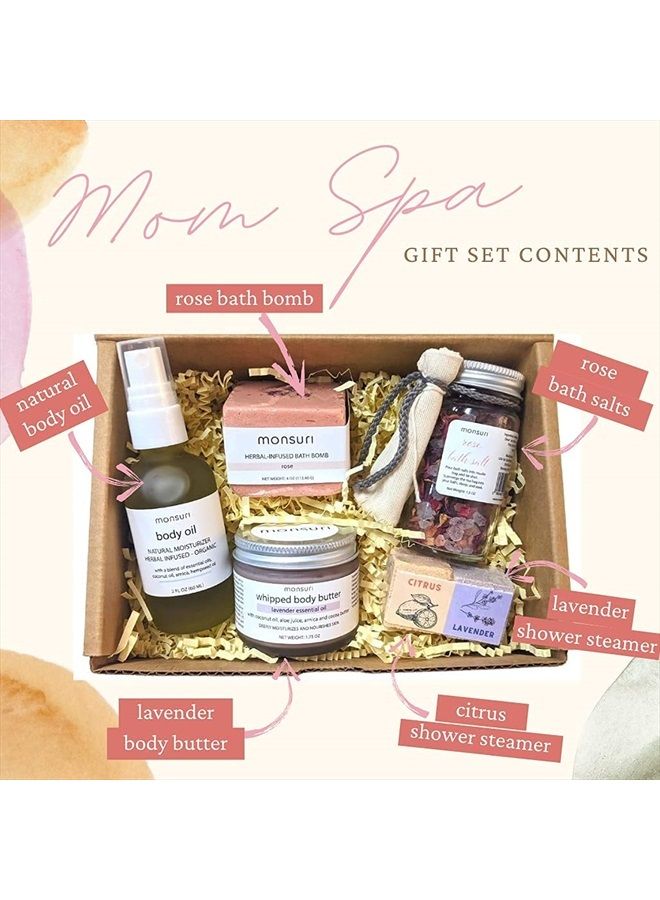 Monsuri Self Care Gift Basket for Mom: New Mommy Care Package Pampering Gift Set with Bath Accessories and Natural Skincare Products. Our Spa Day Kit for Women is the ideal Birthday Gift Basket for her. - Image 3