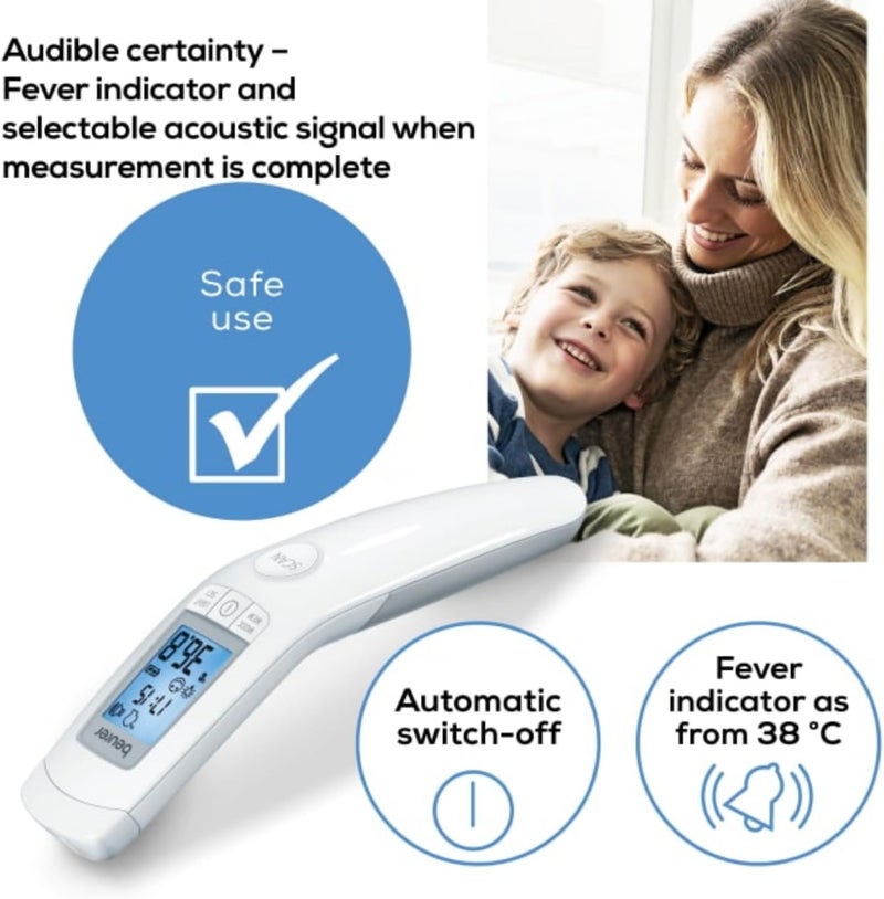 Beurer ميزان حرارة بيورر 3 في 1 بدون تماس للجبهة مع دقة عالية وشاشة LCD كبيرة مضاءة باللون الأزرق وذاكرة 60 مساحة FT90 أبيض عبوة 1 عدّ - Image 5