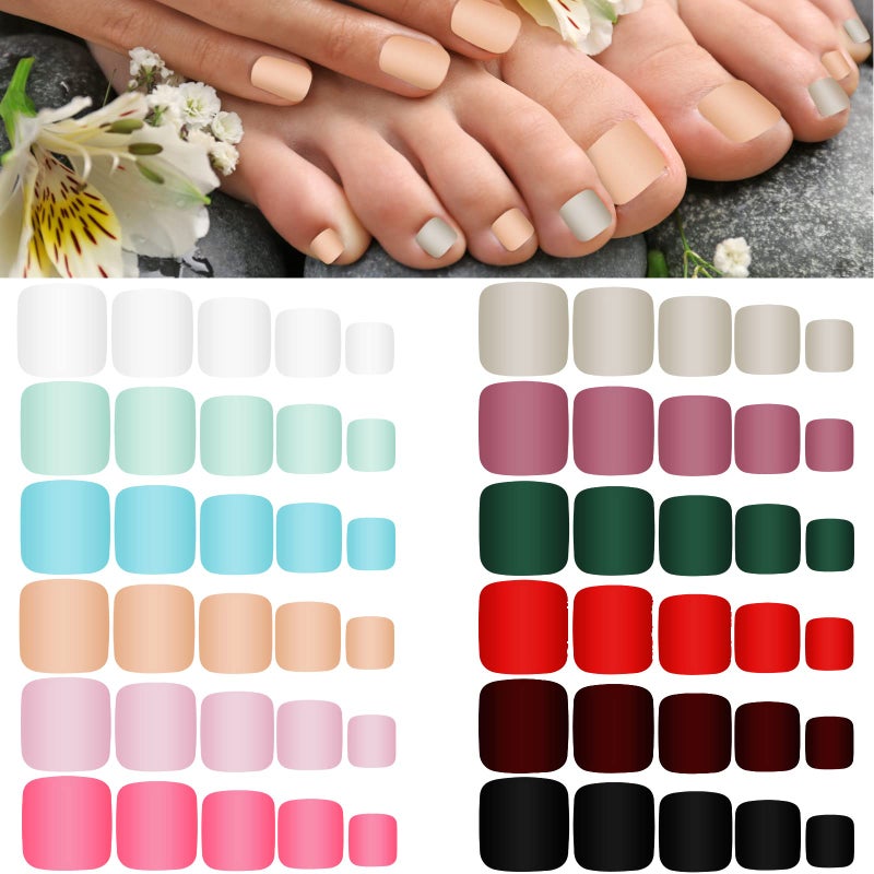 Maitys 336 Pieces 12 Sets Toenail Press on Fake Toe Nails Short Square False Glue on Solid Color Full Cover Press Nails Matte Fake Toenails for WomenChic Colors - Image 3
