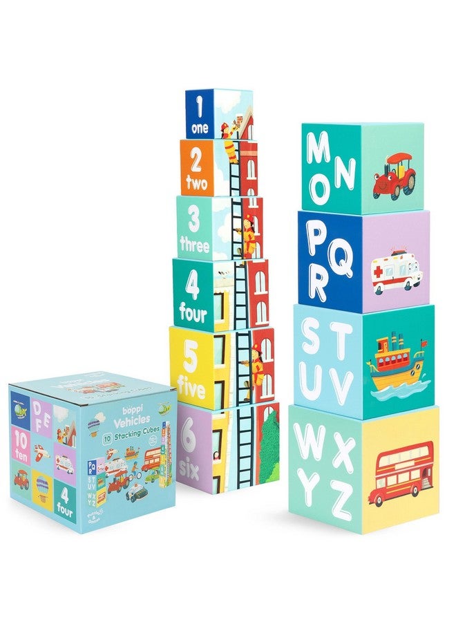boppi Baby Stacking Blocks Vehicle Toys with Letters and Numbers, Montessori Cubes for Toddlers, Preschool Learning Toys - Image 1