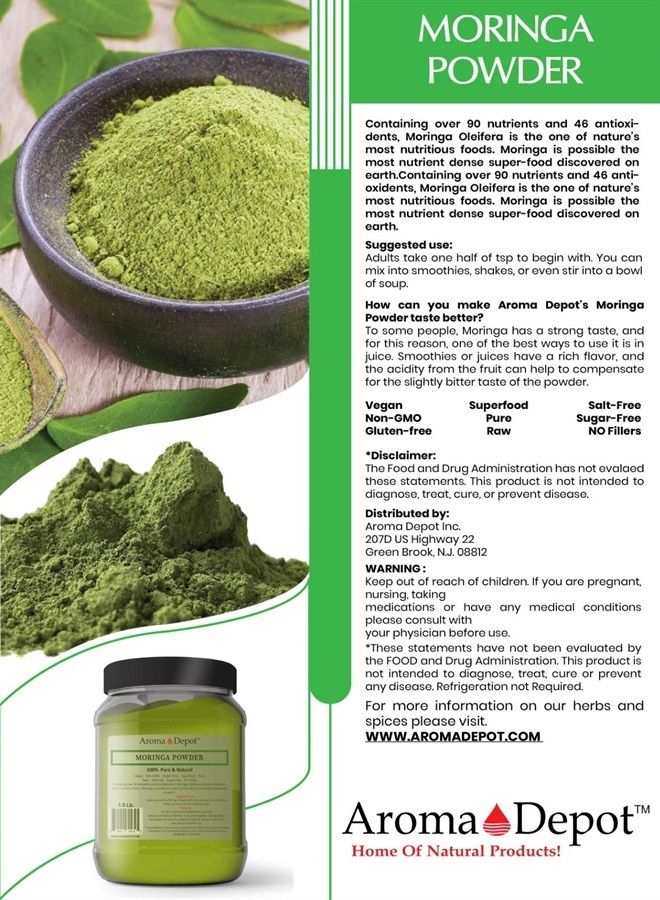 Aroma Depot 1.5 lb Moringa Powder Oleifera Leaf 100% Natural Raw from India Non-GMO and Gluten Free Great for Smoothies, Tea, Drinks & Recipes The Miracle Tree (24 oz.) - Image 2