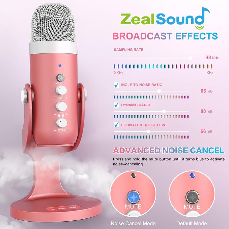 ميكروفون USB للألعاب من ZealSound، ميكروفون وردي مع كتم صوت سريع للهاتف والكمبيوتر وPS5، ميكروفون استوديو مع التحكم في الكسب، ضبط الصدى ومستوى المراقبة للبث والتسجيل الصوتي وASMR والبودكاست والفيديو K66 - Image 3