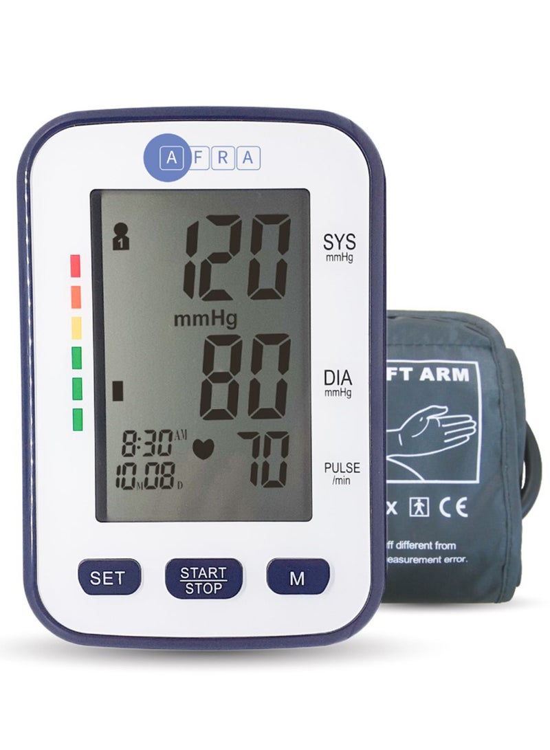 AFRA جهاز قياس ضغط الدم الرقمي، أوتوماتيكي بالكامل، نوع الذراع، شاشة كبيرة، تخزين للذاكرة، ضمان لمدة 2 سنة
