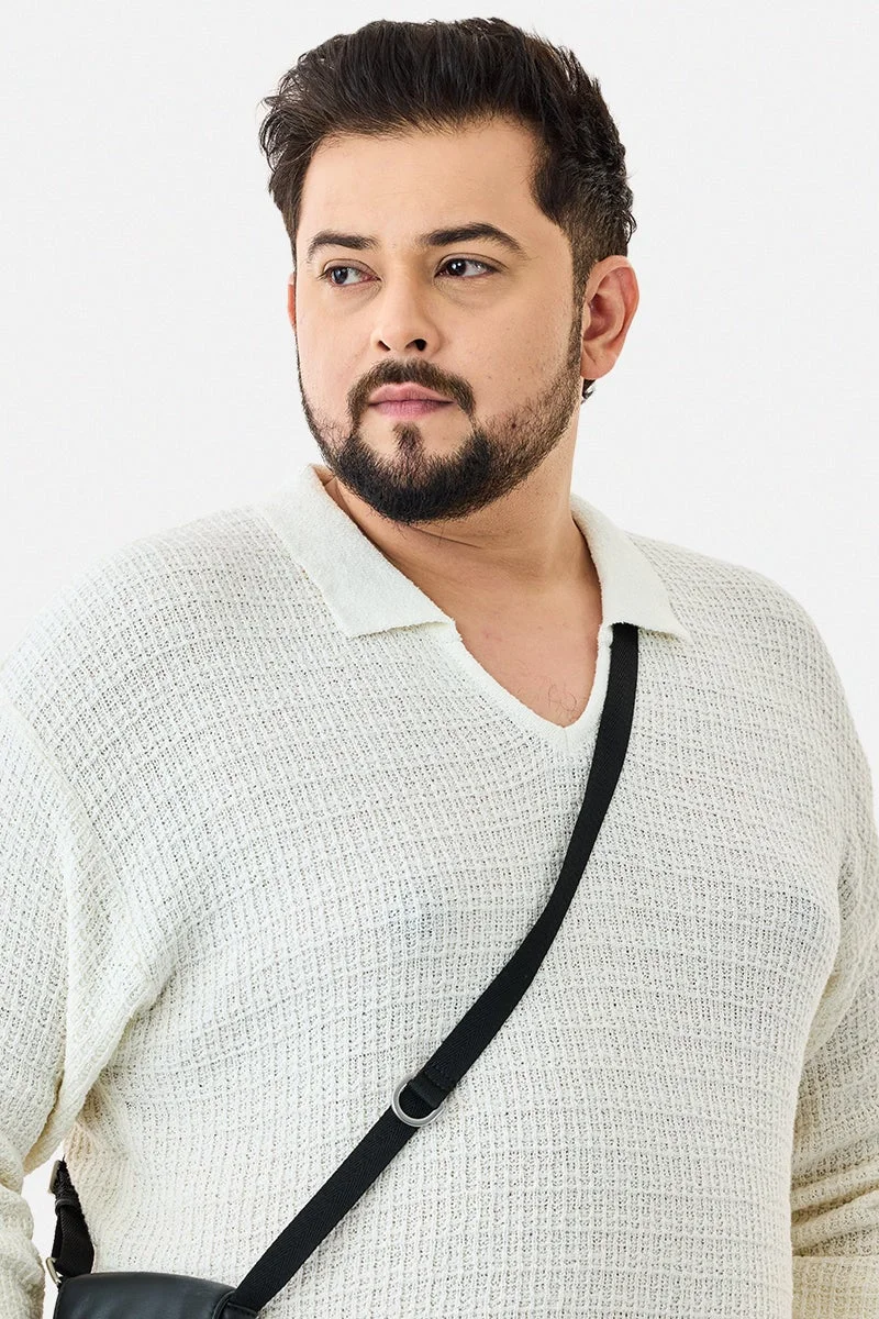 سنيتش White Textured Long Sleeve Relaxed Plus Size T-Shirt