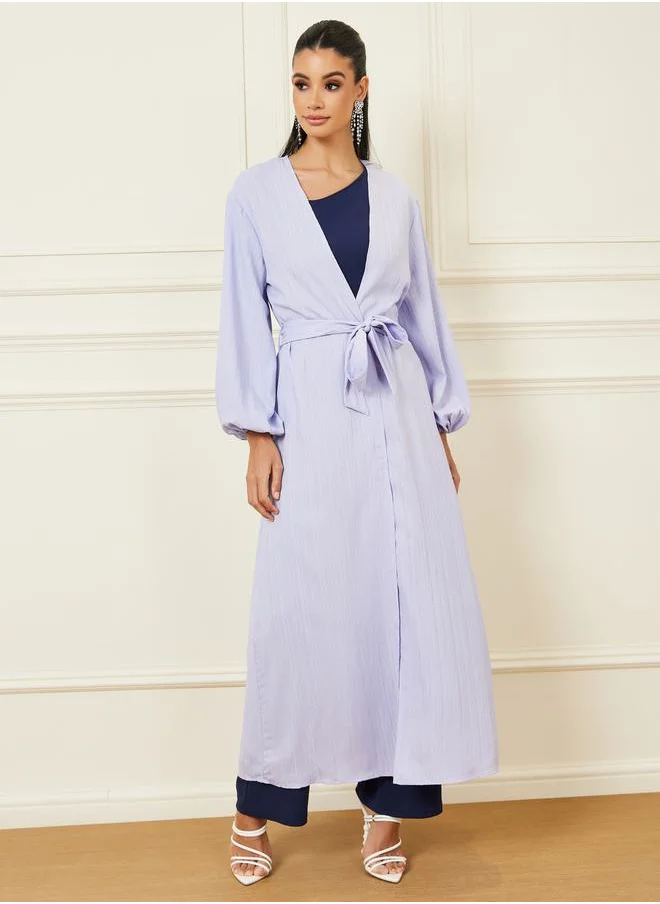 Styli Textured Maxi Kimono with Tie Up Belt