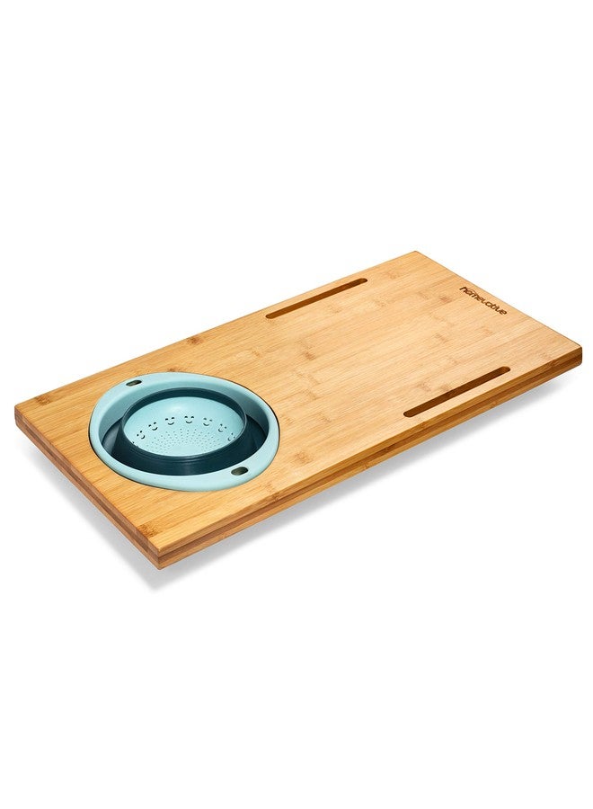 Homevative Over the Sink Bamboo Cutting Board with Collapsible/Removable Strainer and Phone Slots - Image 2