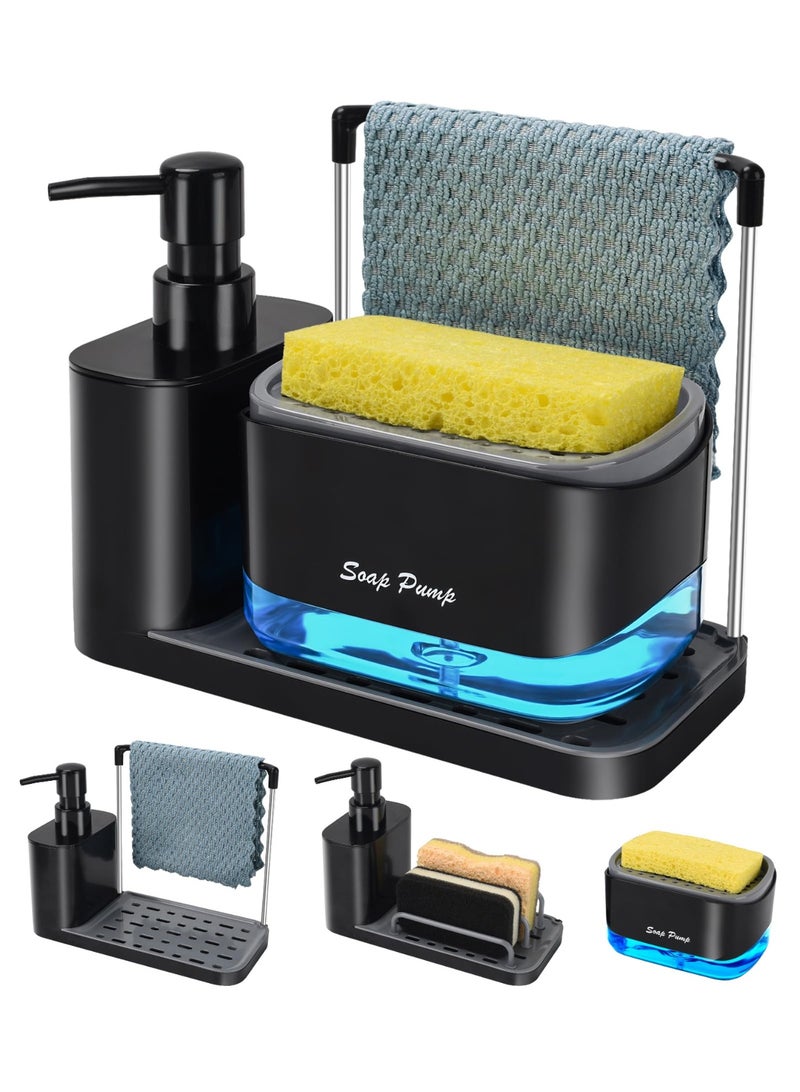 YUFAN Hand and Dish Soap Dispenser Set with Tray, Dual Soap Dispenser with Sponge Holder and Dishcloth Holder 5-in-1 Organizer for Kitchen Sink Countertop Storage Organizer - Useful Kitchen Gadgets (Black) - Image 1