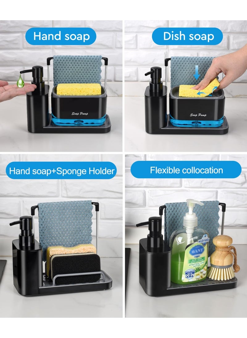 YUFAN Hand and Dish Soap Dispenser Set with Tray, Dual Soap Dispenser with Sponge Holder and Dishcloth Holder 5-in-1 Organizer for Kitchen Sink Countertop Storage Organizer - Useful Kitchen Gadgets (Black) - Image 2