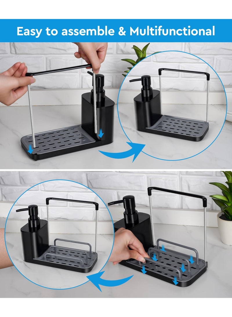 YUFAN Hand and Dish Soap Dispenser Set with Tray, Dual Soap Dispenser with Sponge Holder and Dishcloth Holder 5-in-1 Organizer for Kitchen Sink Countertop Storage Organizer - Useful Kitchen Gadgets (Black) - Image 4