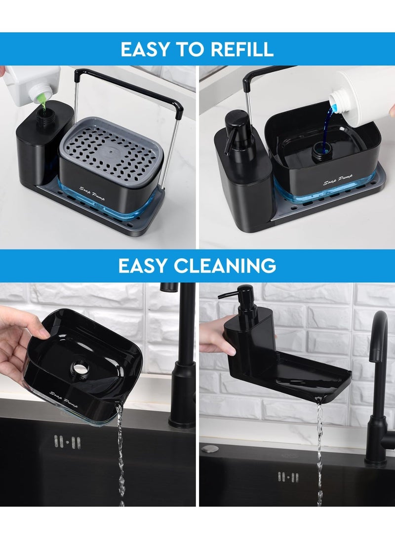 YUFAN Hand and Dish Soap Dispenser Set with Tray, Dual Soap Dispenser with Sponge Holder and Dishcloth Holder 5-in-1 Organizer for Kitchen Sink Countertop Storage Organizer - Useful Kitchen Gadgets (Black) - Image 5