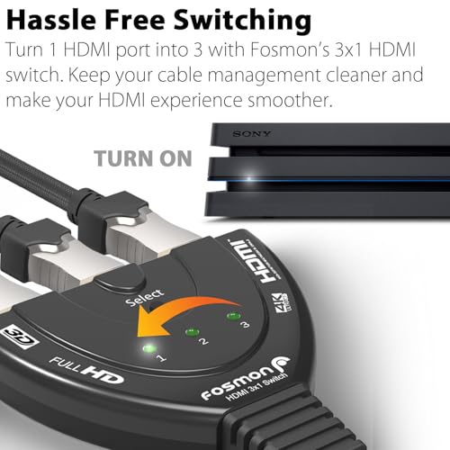 Fosmon مفتاح HDMI 4K من فوسمون، مفتاح HDMI 3 منافذ مع كابل بيغتايل، يدعم 30Hz، HDCP، Ultra HD لتلفاز HDTV، PS5، Xbox، Fire Stick - Image 2
