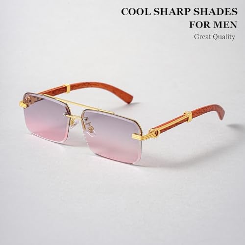 Gleyemor Mens Sunglasses Fashion Rimless Rectangle Sunglasses Square Frameless Sunglasses for Men (Gold/Grey&Pink) - Image 3