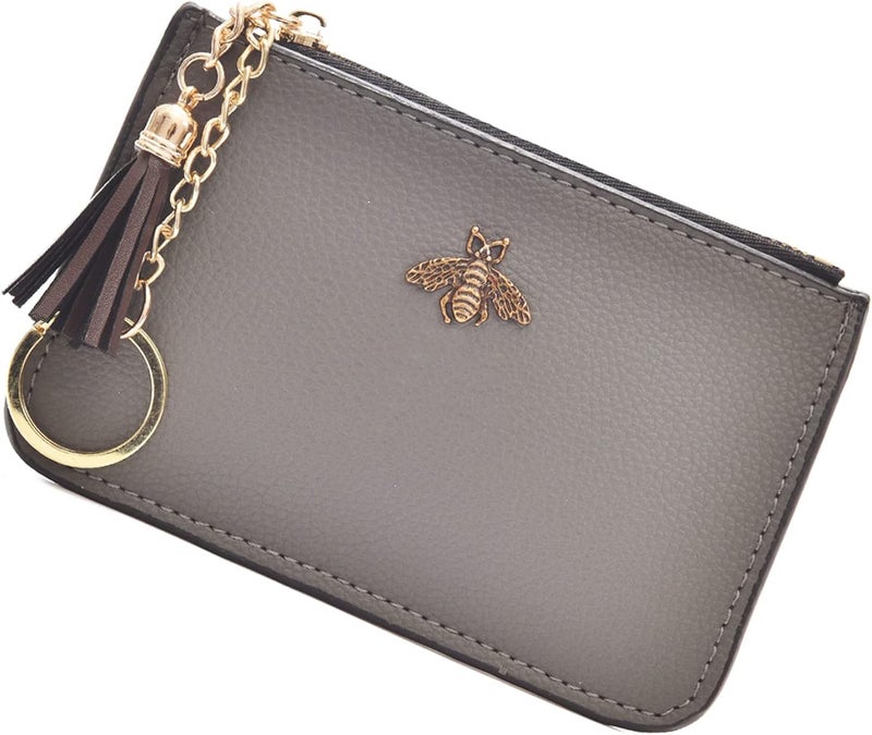 AnnabelZ Coin Purse Change Wallet Pouch Leather Card Holder with Key Chain Tassel Zip(Grey) - Image 1