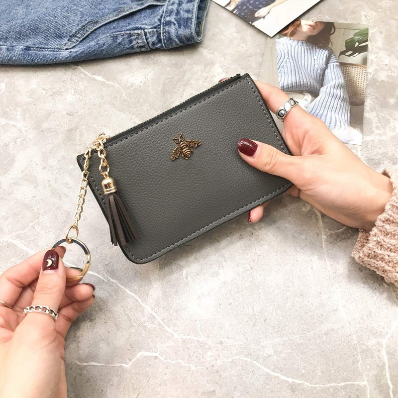 AnnabelZ Coin Purse Change Wallet Pouch Leather Card Holder with Key Chain Tassel Zip(Grey) - Image 2