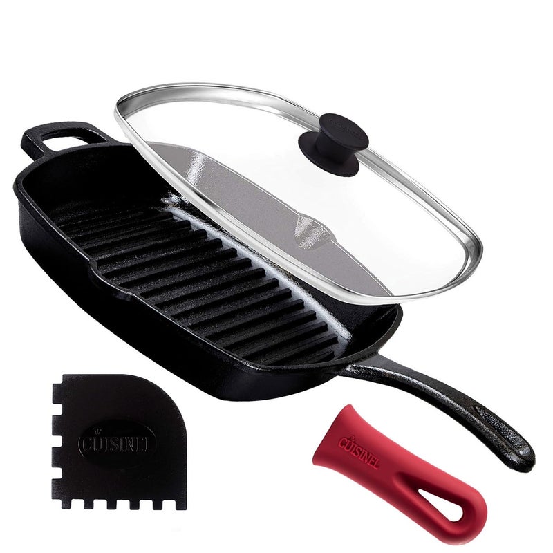 Cuisinel Cast Iron Square Grill Pan  Glass Lid  Pan Scraper  Handle Cover  105 PreSeasoned Ridged Skillet  Grill Stovetop Fire IndoorOutdoor Use  for Grilling Frying Sauteing