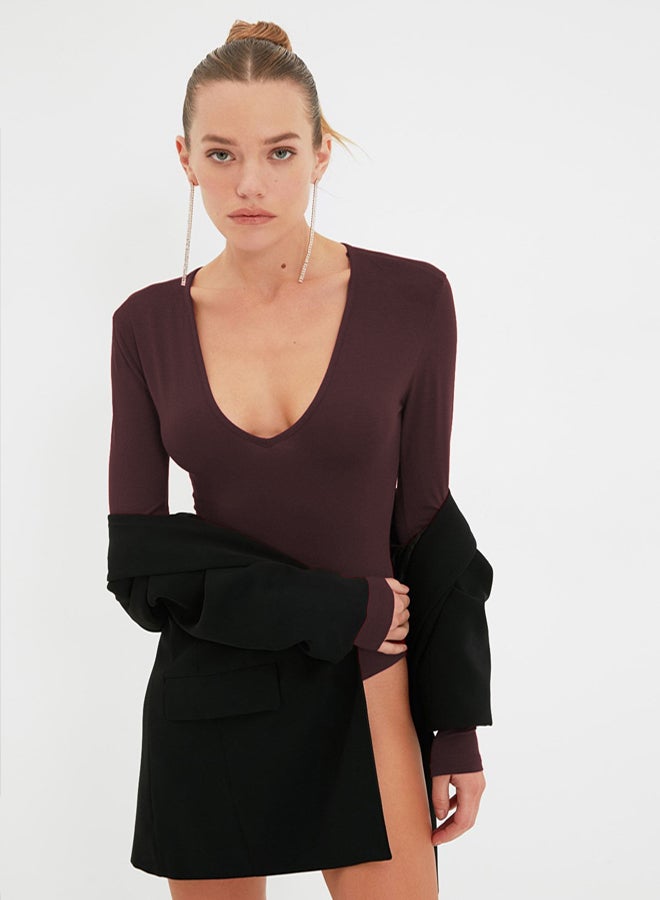 trendyol Brown Deep V-Neck Snap Knitted Bodysuit TPRAW22BD0084 - Image 3