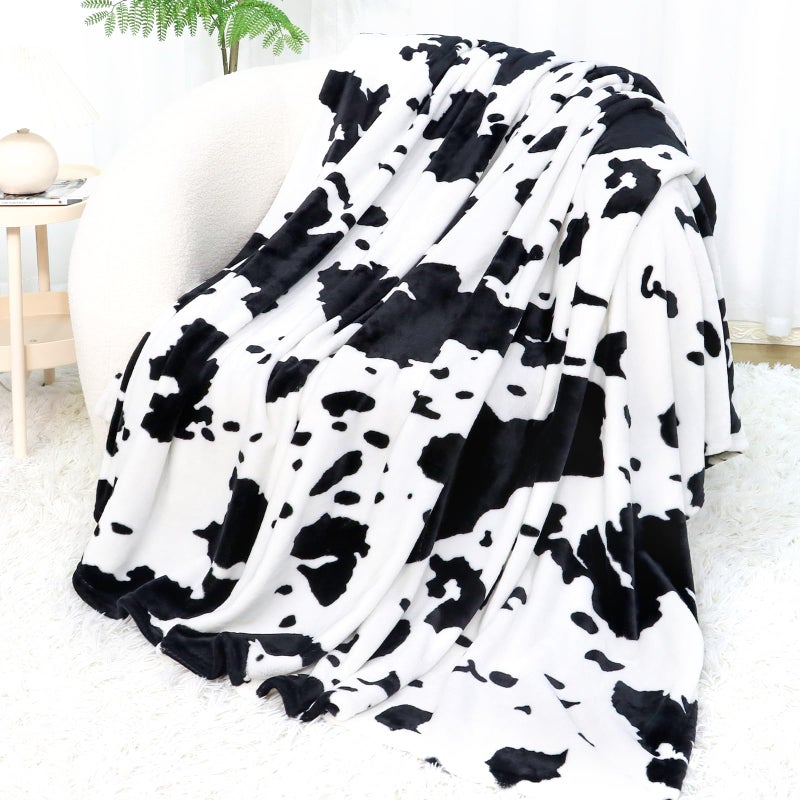 Fleece Black Cow Print Throw Blankets Soft Flannel Cozy Cow Throw for Adults Lightweight Fuzzy Blanket for Couch Sofa Bed Office Warm Plush Bedding for All Season 5060in