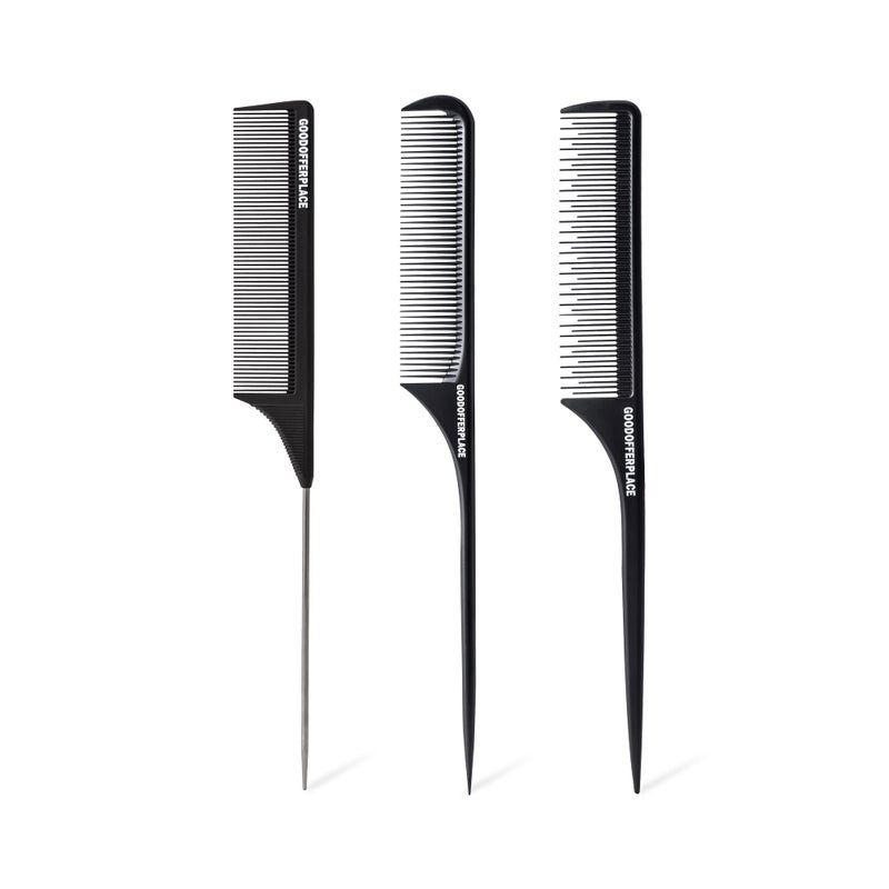 Goodofferplace 3PCS Hair Rat Tail Combs Parting Rattail Combs Teasing Fine Tooth Comb Metal Hair Pick Detangling Combs Set for WomenGirlsBlack