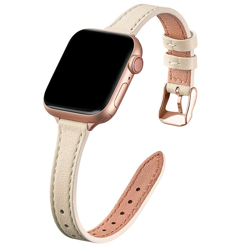 STIROLL Slim Leather Bands Compatible with Apple Watch Band 38mm 40mm 41mm 42mm(Series 10), Top Grain Leather Watch Thin Wristband for iWatch Ultra SE Series 10/9/8/7/6/5/4/3/2/1(Beige with Rose Gold) - Image 1