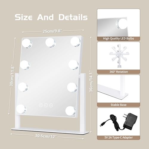 NUSVAN Vanity Mirror with Lights, Makeup Mirror with Lights,3 Color Lighting Modes Detachable 10X Magnification Mirror Touch Control,360°Rotation, White. - Image 5