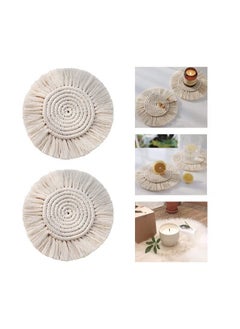 Coasters, with Tassels, for Drinks cup, Absorbent Woven Handmade Bohemian, Coffee Aromatherapy Decor Heat Protection Mat, for Home, Office, Coffee Wooden Table, Table Decor (Cream 2Pcs)