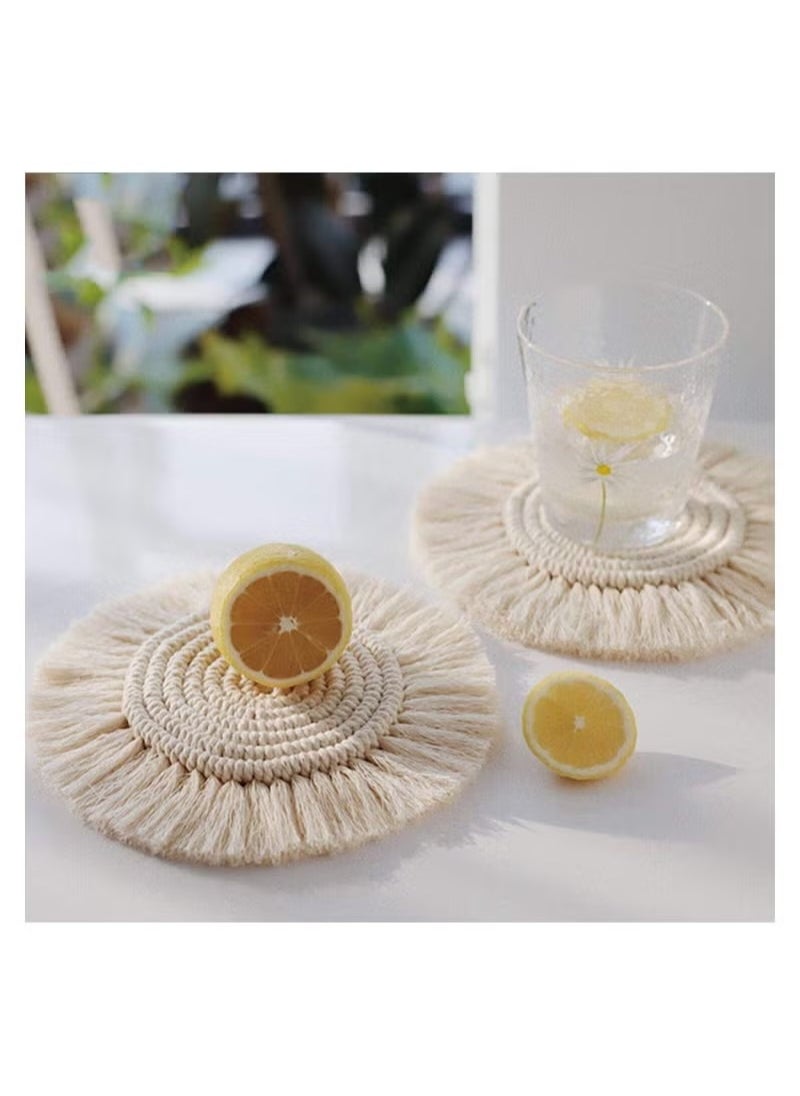 Generic - Coasters, with Tassels, for Drinks cup, Absorbent Woven Handmade Bohemian, Coffee Aromatherapy Decor Heat Protection Mat, for Home, Office, Coffee Wooden Table, Table Decor (Cream 2Pcs) - Image 1