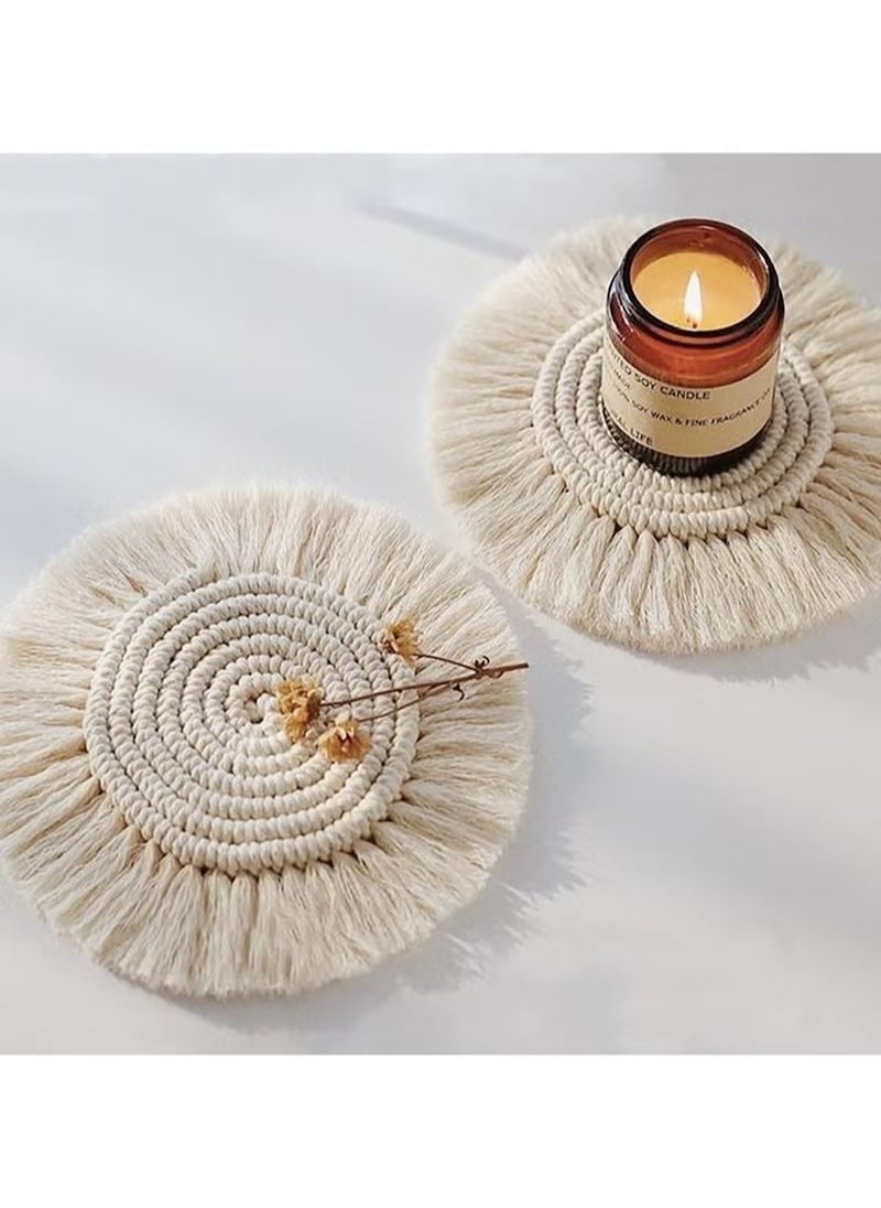 Generic - Coasters, with Tassels, for Drinks cup, Absorbent Woven Handmade Bohemian, Coffee Aromatherapy Decor Heat Protection Mat, for Home, Office, Coffee Wooden Table, Table Decor (Cream 2Pcs) - Image 1