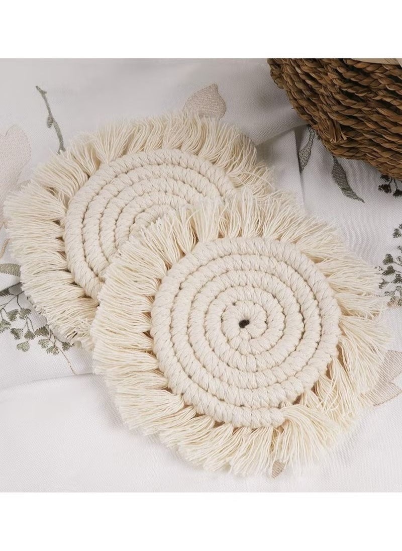 Generic - Coasters, with Tassels, for Drinks cup, Absorbent Woven Handmade Bohemian, Coffee Aromatherapy Decor Heat Protection Mat, for Home, Office, Coffee Wooden Table, Table Decor (Cream 2Pcs) - Image 1