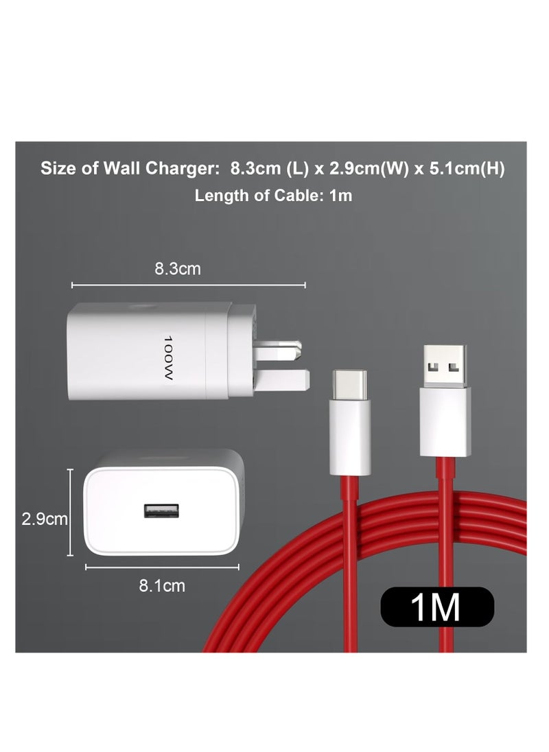 100W Warp Charger Compatible with Oneplus 13 12 12R 11 10 Pro 9 Pro 10T 10R 8T 8, Dash Charge 80W Power Adapter Compatible with Oneplus/ Oppo/ Realme Fast Wall Charger Adapter with 3ft USB C Cable