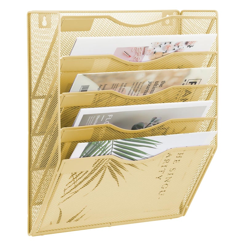 EASEPRES 5 Pocket Mesh Hanging Wall File Organizer Wall Mounted Mail Paper Document Folder Holder Clipboard Storage Organization Magazine Rack with Nametag Label for Office Home School Gold