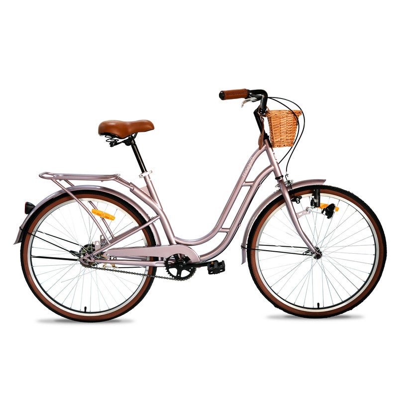 Florida Vintage 26-Inch City Bike For Women & Girls | 26 Inch Wheel Sizes | Simple Single-Speed Drivetrain | Durable Steel Step-Through Frame with Front Wicker Basket | Rear Carrier & Dynamo Headlight - Lavender