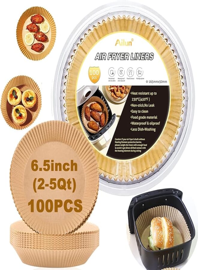 Ailun Air Fryer Disposable Paper Liners, 100PCS Non-Stick Air Fryer Parchment Liner, Oil Resistant, Waterproof, Food Grade Baking Paper for 2-5 QT Air Fryer Baking Roasting Microwave 6.5inch