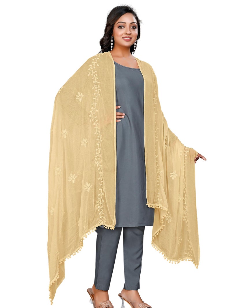 KEMZA Women's Chiffon Phulkari Floral Dupatta with Lace Border – Soft & Lightweight (Chiku) - Image 2