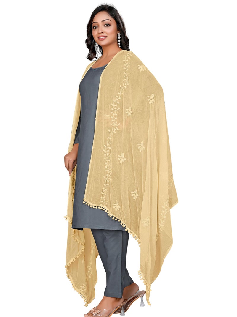 KEMZA Women's Chiffon Phulkari Floral Dupatta with Lace Border – Soft & Lightweight (Chiku) - Image 1