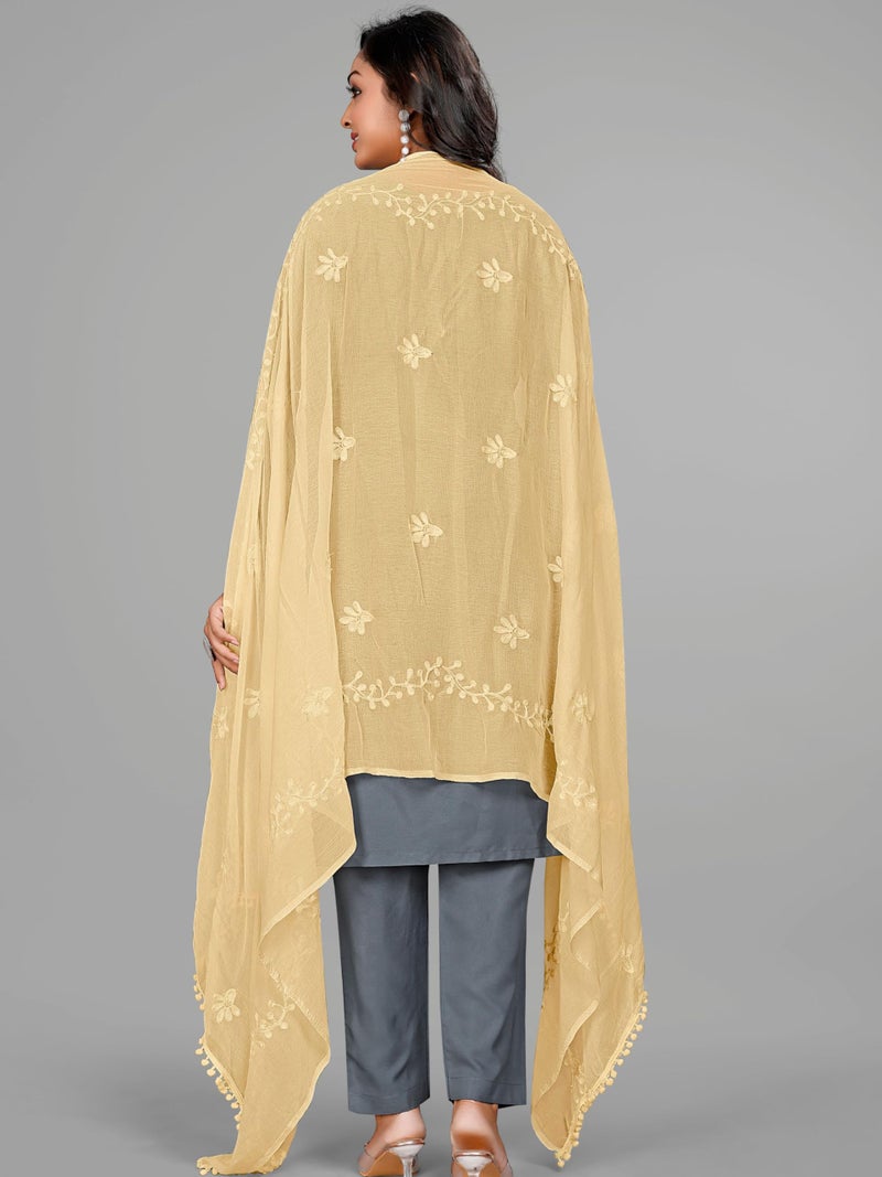 KEMZA Women's Chiffon Phulkari Floral Dupatta with Lace Border – Soft & Lightweight (Chiku) - Image 4